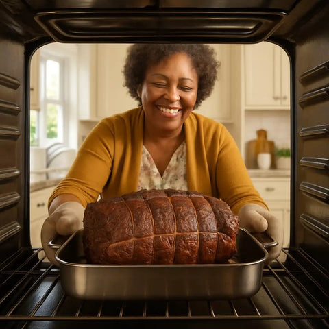 Person placing roast on V-Shaped Roasting Rack For Even Heat In The Oven, Chrome Plated Steel, Fits Smaller Pans
