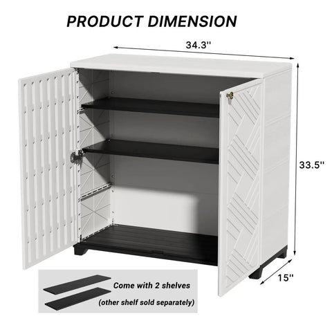 White waterproof outdoor storage cabinet with two shelves, 60 gallon resin shed for patio, garden, and backyard.