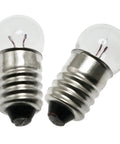 Straight Up E10 Mini Light Bulbs And Socket Holders Kit Featuring Ten Pieces Of Low Voltage Tungsten Filament Lamps Ideal For Science Fair Projects And Home Electronics Testing, showing two E10 tungsten bulbs with metal bases.