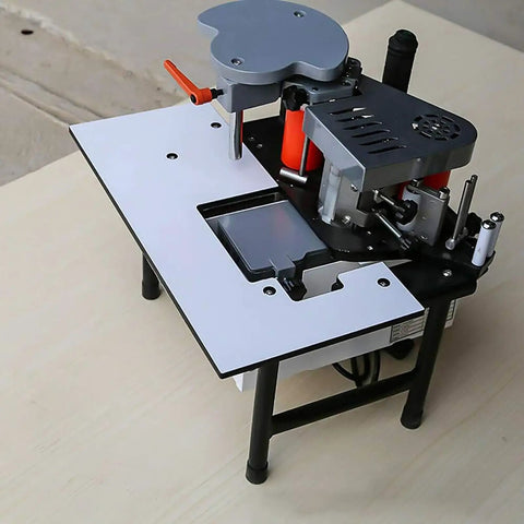 Portable Edge Bander For DIY Woodworking On The Go With Double Sided Glue And PVC Edge Banding Capabilities Adjustable Speed Control 0 To 6 Meters Per Minute Works With 10 To 60 mm Wide Boards Compact Handy Pro Grade Tool side view