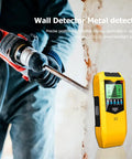 Handheld Stud Finder Sensor LCD Display Portable Wall Scanner Detector in use for wall detection with drill and LCD screen.