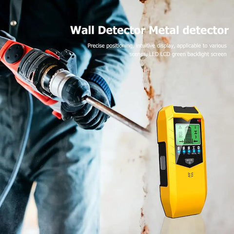Handheld Stud Finder Sensor LCD Display Portable Wall Scanner Detector in use for wall detection with drill and LCD screen.