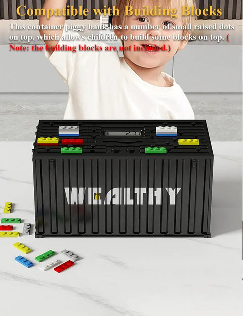 Black Smart Container Coin Bank Piggy Bank with LCD Display and raised dots for building blocks on top