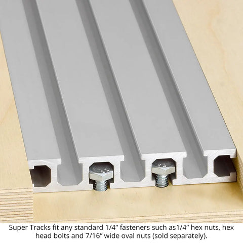 Detail of Top Tier Heavy Duty Aluminum T Track Rail 48 Inches Long for Woodworking Jigs and Shop Fixtures with fasteners.
