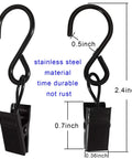Stainless Steel S Hooks Curtain Clips 50 Pack For String Lights Photo Displays And Gutter Hangers Heavy Duty Indoor Outdoor Clip Hangers 2.4 Inch Long Black, close-up with dimensions.
