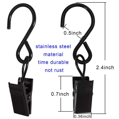 Stainless Steel S Hooks Curtain Clips 50 Pack For String Lights Photo Displays And Gutter Hangers Heavy Duty Indoor Outdoor Clip Hangers 2.4 Inch Long Black, close-up with dimensions.
