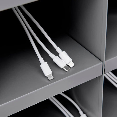 Secure 24 Door Clear View Cell Phone Charging Locker With Usb C Micro Lightning Ports For Offices Classrooms showing white charging cables.