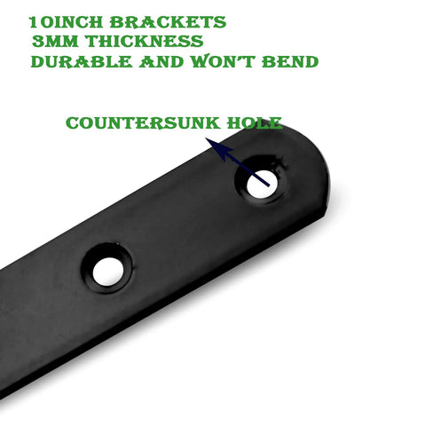 Close-up of 10-inch black mending plate with countersunk holes from 12 Pack Heavy Duty Black Straight Mending Plates 10 Inch 250mm Metal Brackets For Brace Joining Wood Fence Bookcase Cabinet Repair Rust Resistant Cast Iron Flat Brackets For Furniture Support And Woodworking.