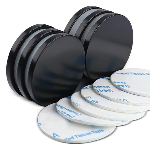 Front view of a pack of six epoxy-coated neodymium disc magnets, 1.26 in diameter, 1/8 in thick.