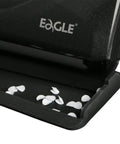 Close-up of black Low-Force No-Fuss 3-Hole Punch For 20-Sheet Capacity, Heavy-Duty Desktop Paper Punch with punched holes visible.