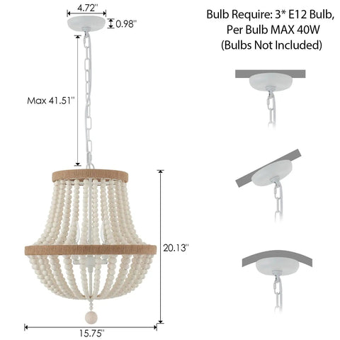 Dimensions of 3 Light Boho Farmhouse Chandelier With Wood Bead Pendant Light Rustic Antique Hanging Fixture For Kitchen Island Hallway Entryway Bedroom Nursery Dining Room Foyer