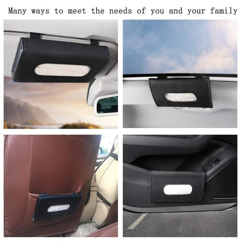 Sleek Genuine Leather Car Tissue Holder Sun Visor Napkin Dispenser Secure Clip Fits All Rigs Daily Driver Staple in various car placements.