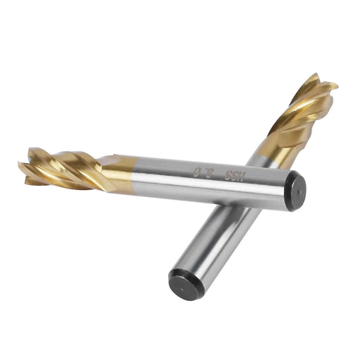 Pack of 2 titanium-coated carbide end mills with straight silver shanks and gold 4-flute cutters