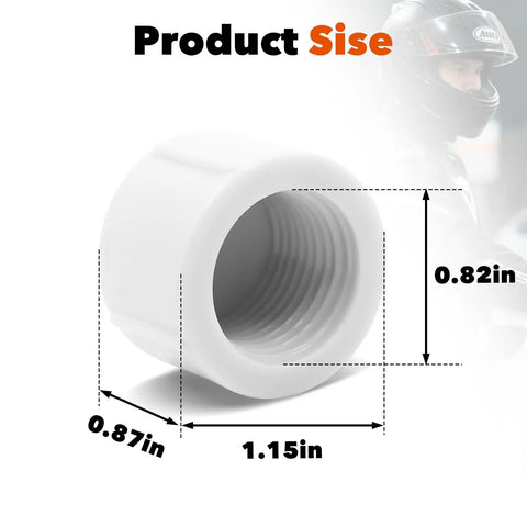Close-up of white hose cap with measurements for Rugged Heavy Duty Racing Fuel Jug Replacement Kit With 3 Hose Caps 1 Hose Bender And 3 Vent Caps For 5.5 Gallon Jugs Universal Fit For VP Racing EGS Scribner Keeps Dust Out And Fuel From Evaporating.