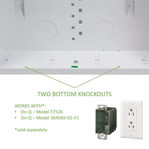 14 Inch In Wall Cable Management Media Box with 20 Gauge Steel Enclosure showing bottom knockouts and compatible On-Q models.