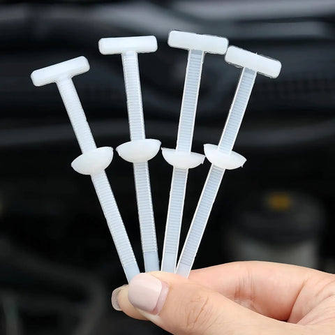 Person holding 50 Pack Nylon Self Locking Cable Tie Buckles Heavy Duty Universal Car Repair Clips For Bumpers Trunk Lining 3.51 Inch White