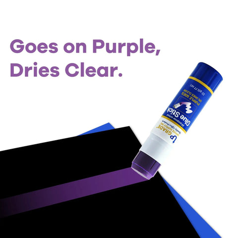 Purple Glue Sticks 22g Pack Of 3 For Office And School Projects Goes On Purple Dries Clear on black paper