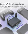 Pocket WiFi 6 Travel Router With VPN 1800 Mbps Dual Band Speed MU-MIMO And OFDMA surrounded by devices