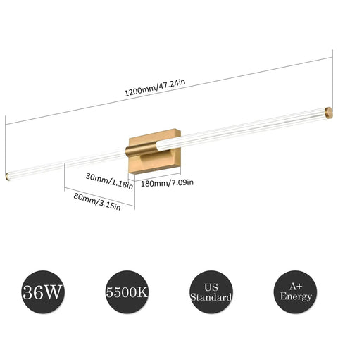 Modern LED Vanity Light With 360 Degree Full Lighting For Bathroom Mirror Makeup Ready 47.24Inch Brass Wall Sconce 36W 5500K Cool White Integrated LED Hardwired Fixture Anti Corrosion Brass Finish Wide Bright Illumination