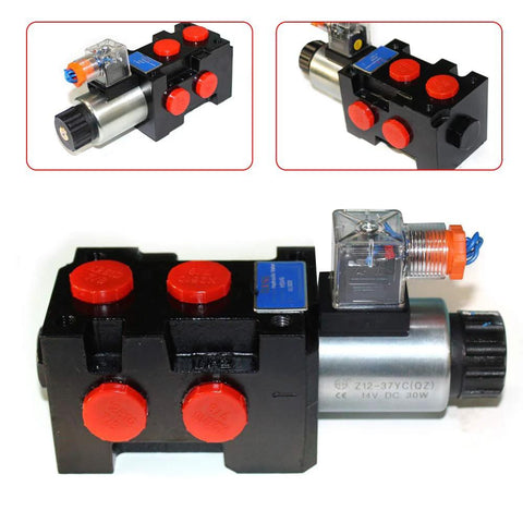 Front view of 13 gpm hydraulic solenoid selector/diverter valve with black housing, red caps, and silver motor.
