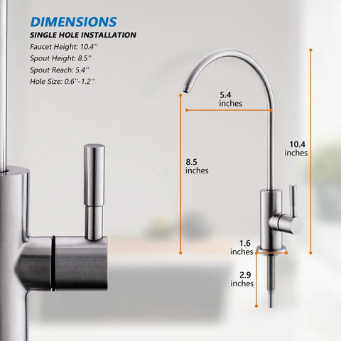 Slick Brushed Nickel Reverse Osmosis Drinking Faucet For Kitchen Or Bar Sink With No Sweat Install dimensions shown.