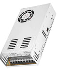 Industrial Grade 36V 350W 10A Power Supply For PLC Control And Security Monitoring Ready To Plug In With Overload Protection And Rock Solid Output With Rugged Build For Harsh Environments And Reliable Operation In Industrial Settings. silver metal enclosed DC power supply with cooling fan and terminal block