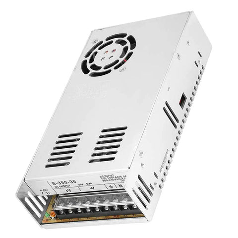 Industrial Grade 36V 350W 10A Power Supply For PLC Control And Security Monitoring Ready To Plug In With Overload Protection And Rock Solid Output With Rugged Build For Harsh Environments And Reliable Operation In Industrial Settings. silver metal enclosed DC power supply with cooling fan and terminal block