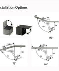 Installation options for soft close kitchen support hinge, showing angles 75, 90, and 110 degrees with measurements