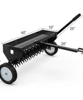 40 Inch Tow Behind Spike Aerator for Lawns with 11 star shaped galvanized plug core tines, transport wheels, universal hitch.