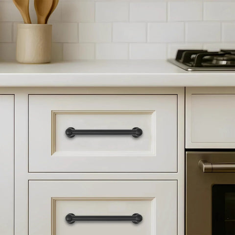 10 Pack 5 Inch Matte Black Cabinet Pulls Solid Heavy Duty Hardware For Cabinets Drawers And Doors 128mm Center Hole Design installed