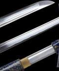 Full Tang High Carbon Steel Iaido Samurai Sword Handmade With Solid Wood Blue Lacquer Scabbard close-up of blade and scabbard details