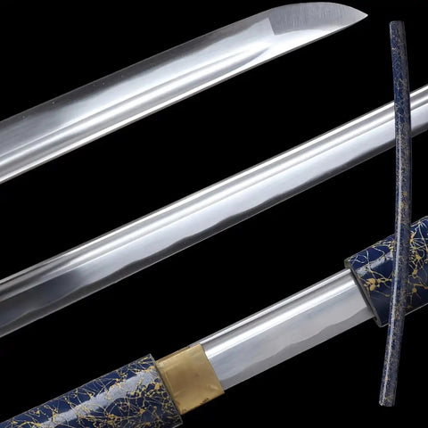 Full Tang High Carbon Steel Iaido Samurai Sword Handmade With Solid Wood Blue Lacquer Scabbard close-up of blade and scabbard details