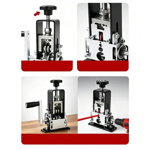 Ultimate Copper Wire Strripper Machine with precision hand crank, showing parts for wire stripping in close-up view.