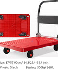 Hella Durable Foldable Flatbed Hand Truck With Four Smooth Rolling Wheels For No Sweat Grocery Moving And Home Warehouse Tasks Or Trunk Storage In Nifty Practical Small Build, red deck, four wheels, compact design.