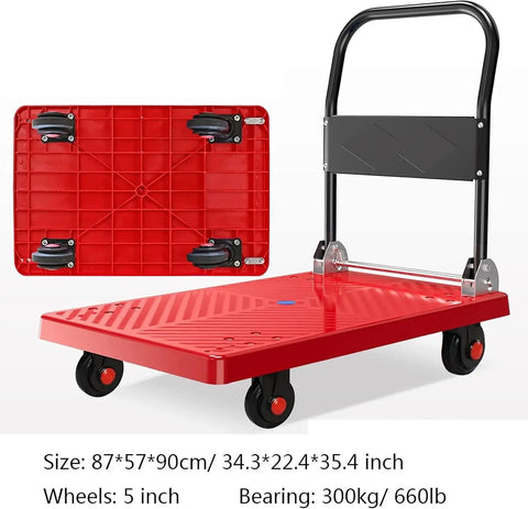 Hella Durable Foldable Flatbed Hand Truck With Four Smooth Rolling Wheels For No Sweat Grocery Moving And Home Warehouse Tasks Or Trunk Storage In Nifty Practical Small Build, red deck, four wheels, compact design.