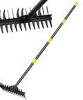 Heavy Duty Metal Bow Rake With 62 Inch Adjustable Handle Dual Sided Dethatching Rake for lawns leaves rock debris and yard landscaping.