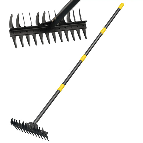 Heavy Duty Metal Bow Rake With 62 Inch Adjustable Handle Dual Sided Dethatching Rake for lawns leaves rock debris and yard landscaping.