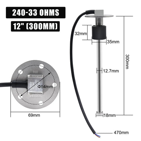 240-33 Ohm Marine Fuel Sending Unit For 12 Inch Gas Tank Gauge Sensor Boat Sender Replacement In SUS316 Stainless Steel SAE