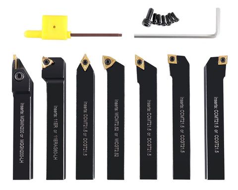 7 Piece Indexable Carbide Lathe Turning Tool Set With One Half Inch Shanks TiN Coated Inserts C6 Grade In A Fitted Aluminum Case For Easy Storage And Quick Tool Changes Pro Grade Shop Ready For Precision Metalworking