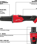 Pro Grade Cordless One Quarter Inch Die Grinder Equipped With A Rock Solid Brushless Motor features collet nut, spindle lock, slide switch.