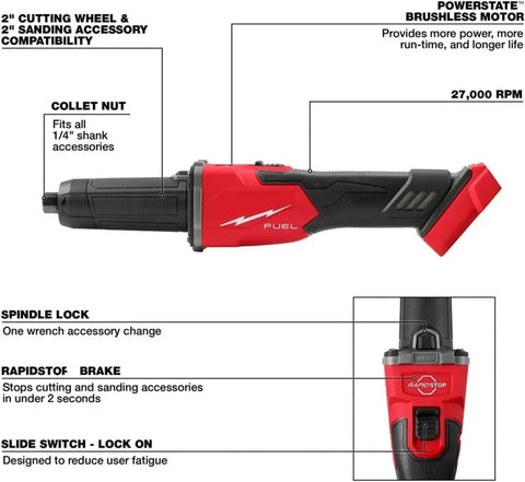 Pro Grade Cordless One Quarter Inch Die Grinder Equipped With A Rock Solid Brushless Motor features collet nut, spindle lock, slide switch.