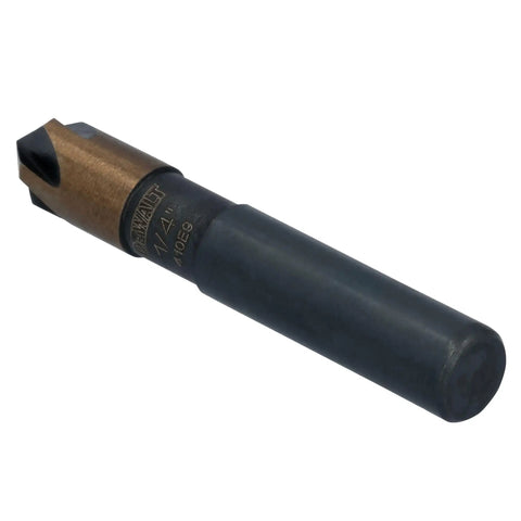 Level Up Your DIY Projects With This Tough As Nails 82 Degree Countersink Drill Bit Featuring A Sturdy Quarter Inch Shank Premium High Speed Steel Construction And Corrosion Resistant Black Oxide Coating For Fast Flawless Wood Or Metal Drilling. Close-up of a black oxide coated drill bit with a 1/4 inch shank.