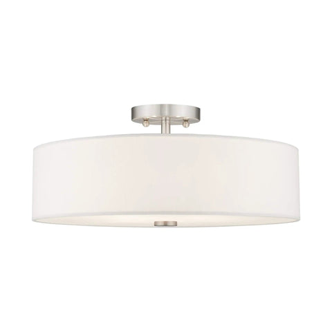 Meridian Collection 4 Light Semi Flush Mount Ceiling Fixture with Off White Fabric Hardback Drum Shade and Brushed Nickel Finish