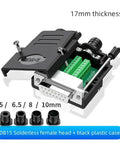 Front view of a DB15 two-row solderless D-sub terminal adapter with green screw-terminal block in black housing