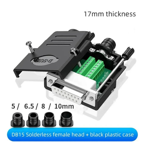 Front view of a DB15 two-row solderless D-sub terminal adapter with green screw-terminal block in black housing