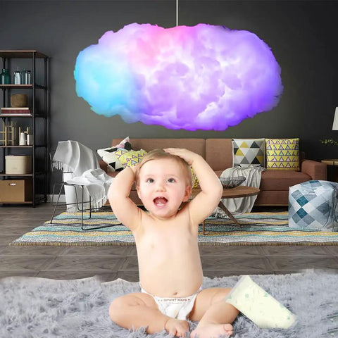 Child playing under a Cloud Lightning Light Kit With Music Sync, RGB Multicolor Color Changing LED Strips in a cozy living room.