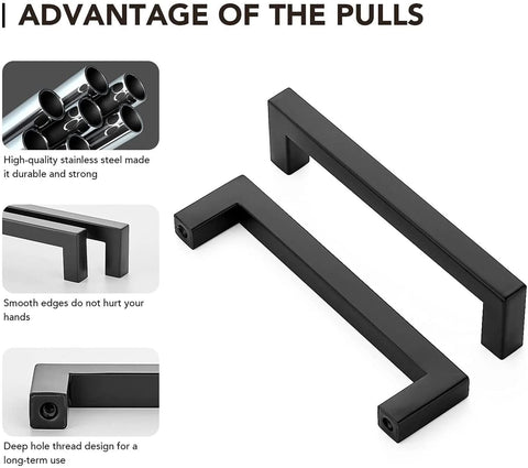 Black 5 Inch Square Cabinet Pulls 30 Pack Stainless Steel Kitchen Cabinet Handles Modern Hardware with material details