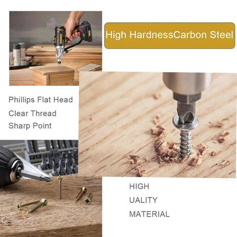 Six Size Wood Screws Kit For Cabinet, Furniture And DIY Projects with drill and screws on wood surface