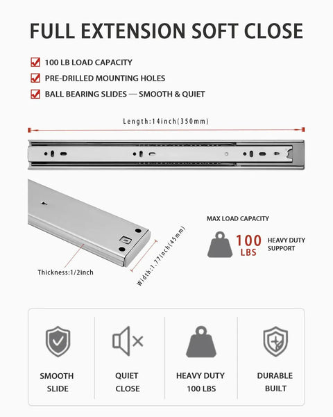 Soft Close Drawer Slides 14 Inch Side Mount Glides with full extension and 100 lbs load capacity, heavy duty ball bearing rails