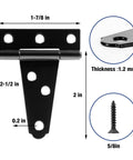 Diagram of 2 Inch T Strap Hinges 6 Pack For Wood Doors And Cabinets Matte Black Light Duty Hinge Set with dimensions and screws